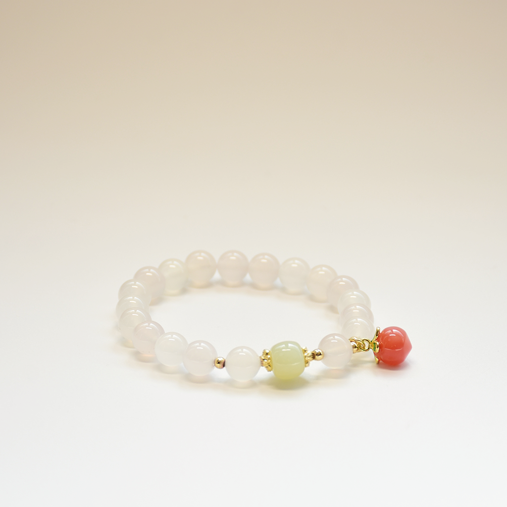 White Agate Peach Fortune Bead Bracelet